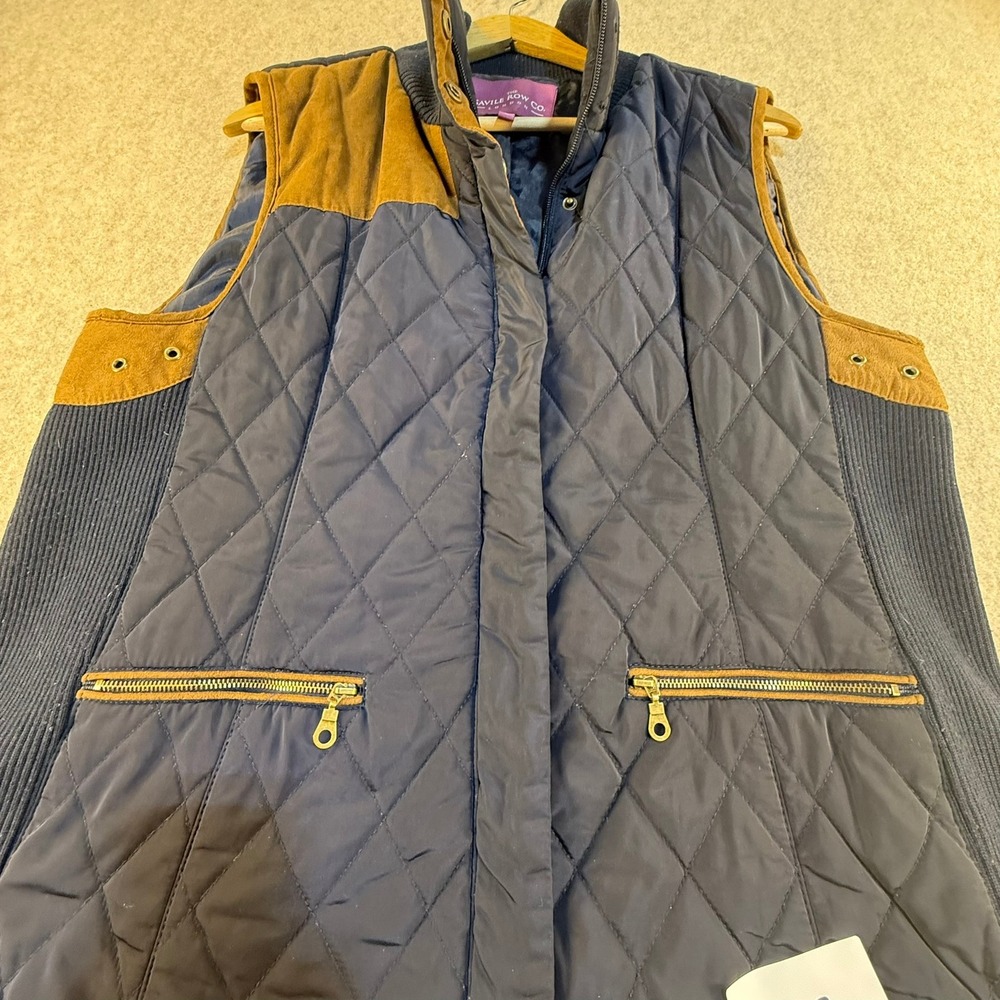 Savile Row Co London Navy Quilted Vest XL Faux Suede Trim Ribbed‎ Sides T1317